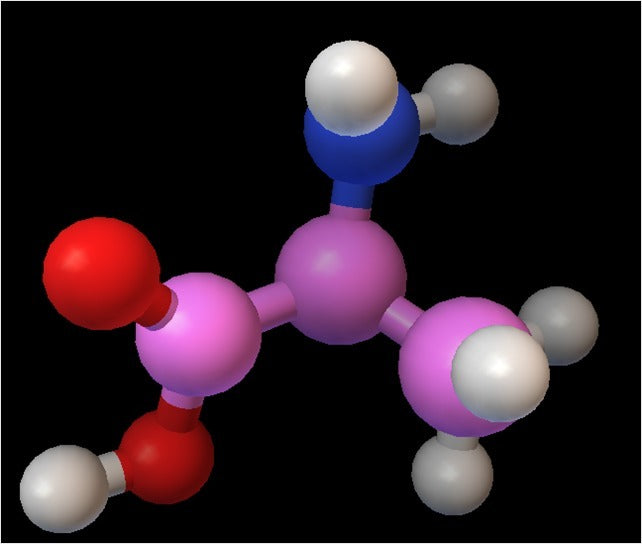 Molekulární model alaninu v atomárním měřítku