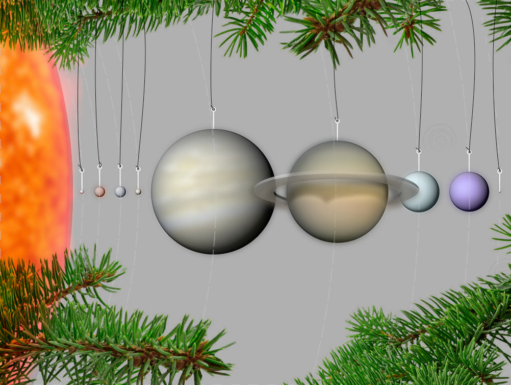 Modely naší planetární soustavy v měřítku jako ozdoby na vánoční stromeček